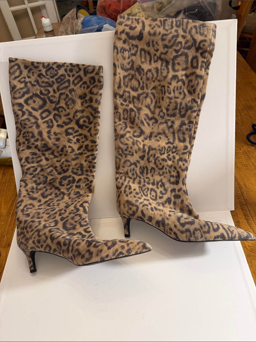Free People Kiki Kitten Heel Boots Slouchy Pull On Spotted Leopard Suede 9 NWOB